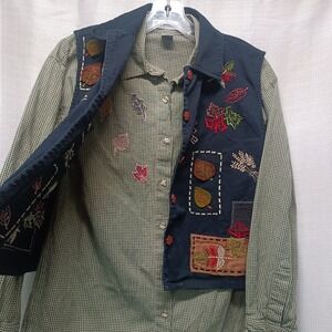 Vtg Dress Barn Women's 2pc Plaid Button Up Embroidered Vest M Festive Fall 90s